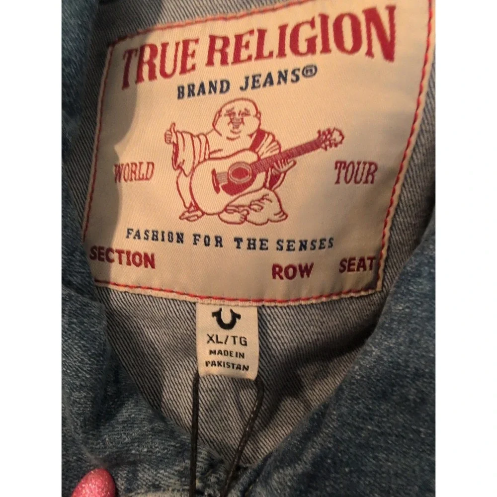 True Religion Jimmy SN Trucker Jacket Blue Denim Stretch  TR Logo Sz XL NWT $159